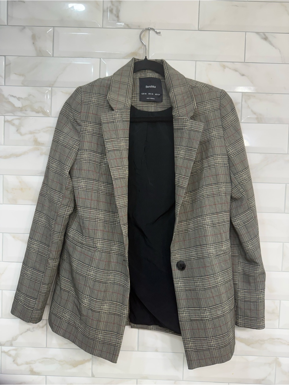 Bershka Women’s Grey Plaid Shoulder Padded Blazer